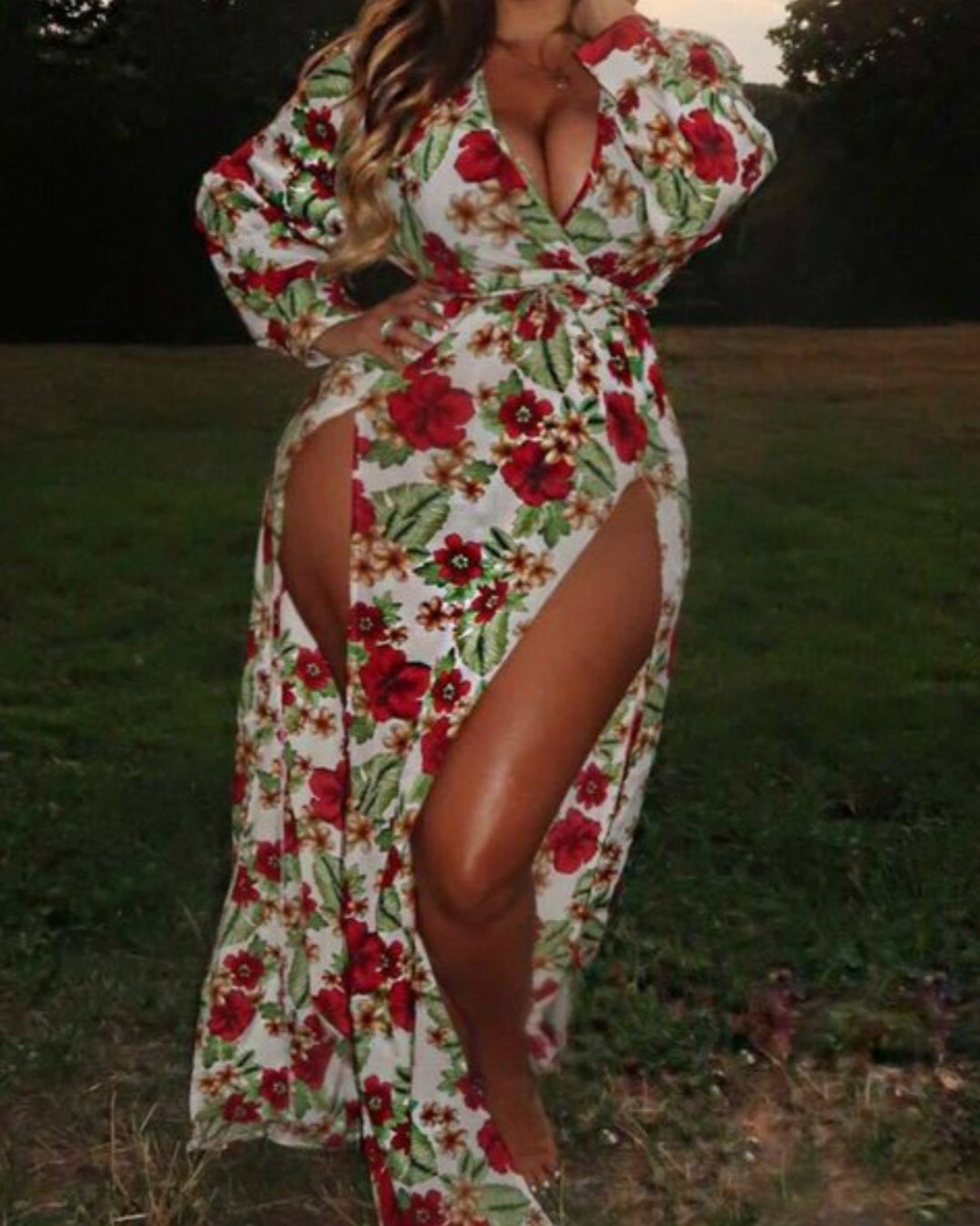 Floral print thigh slit dress