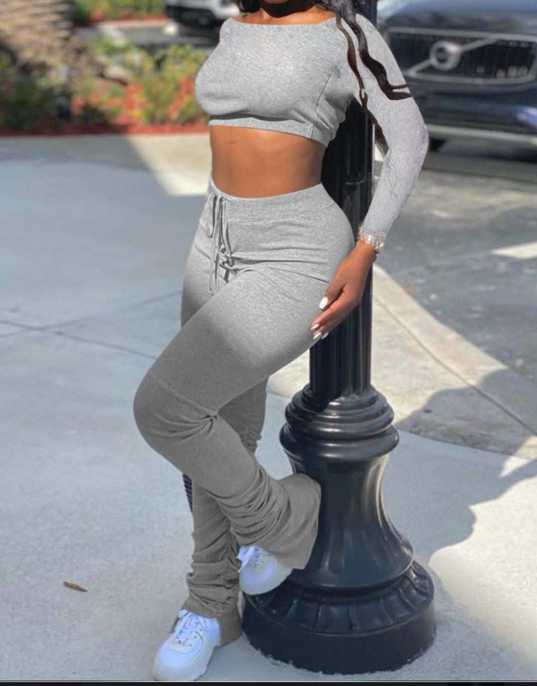 Crop top Drawstring Stacked Pants Set