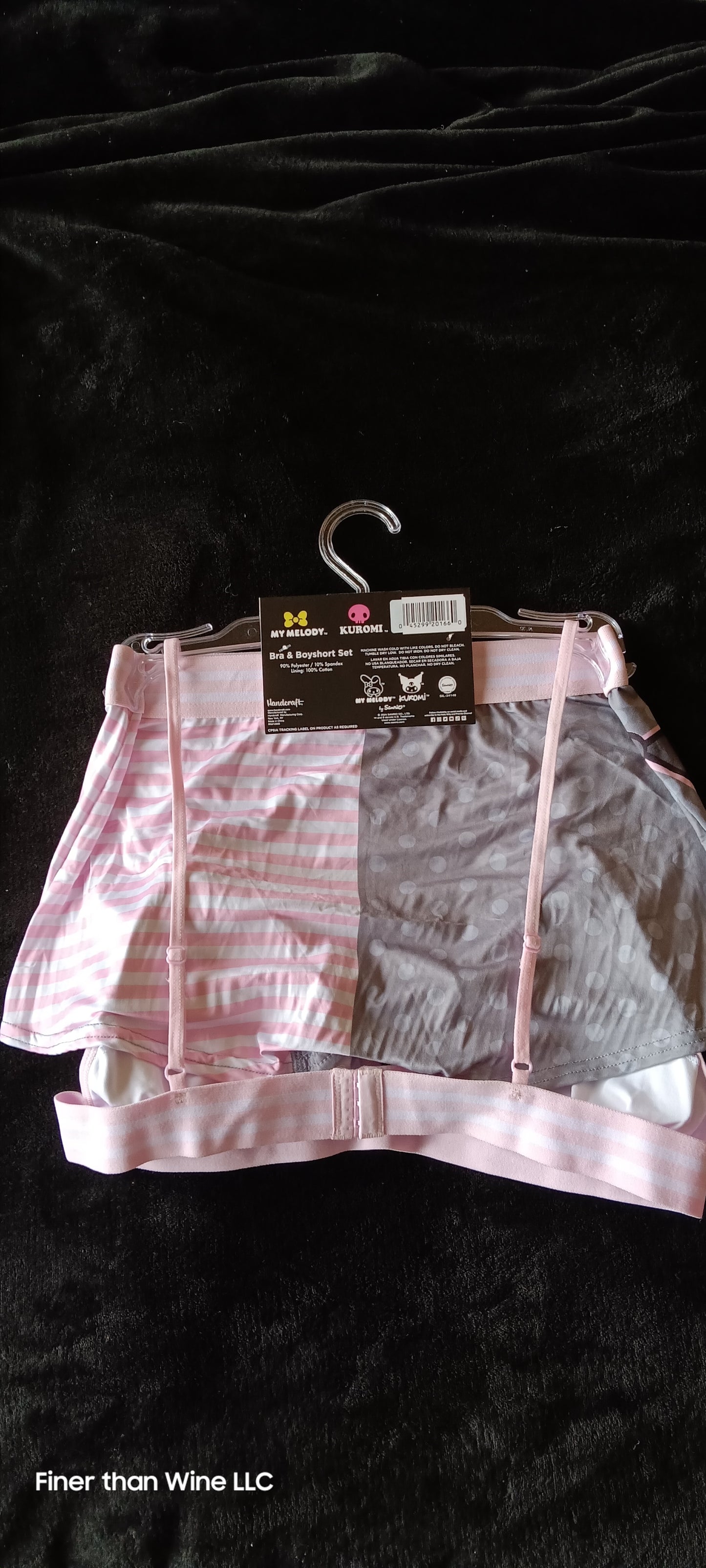My Melody and Kuromi pink and gray bra with matching boy shorts set