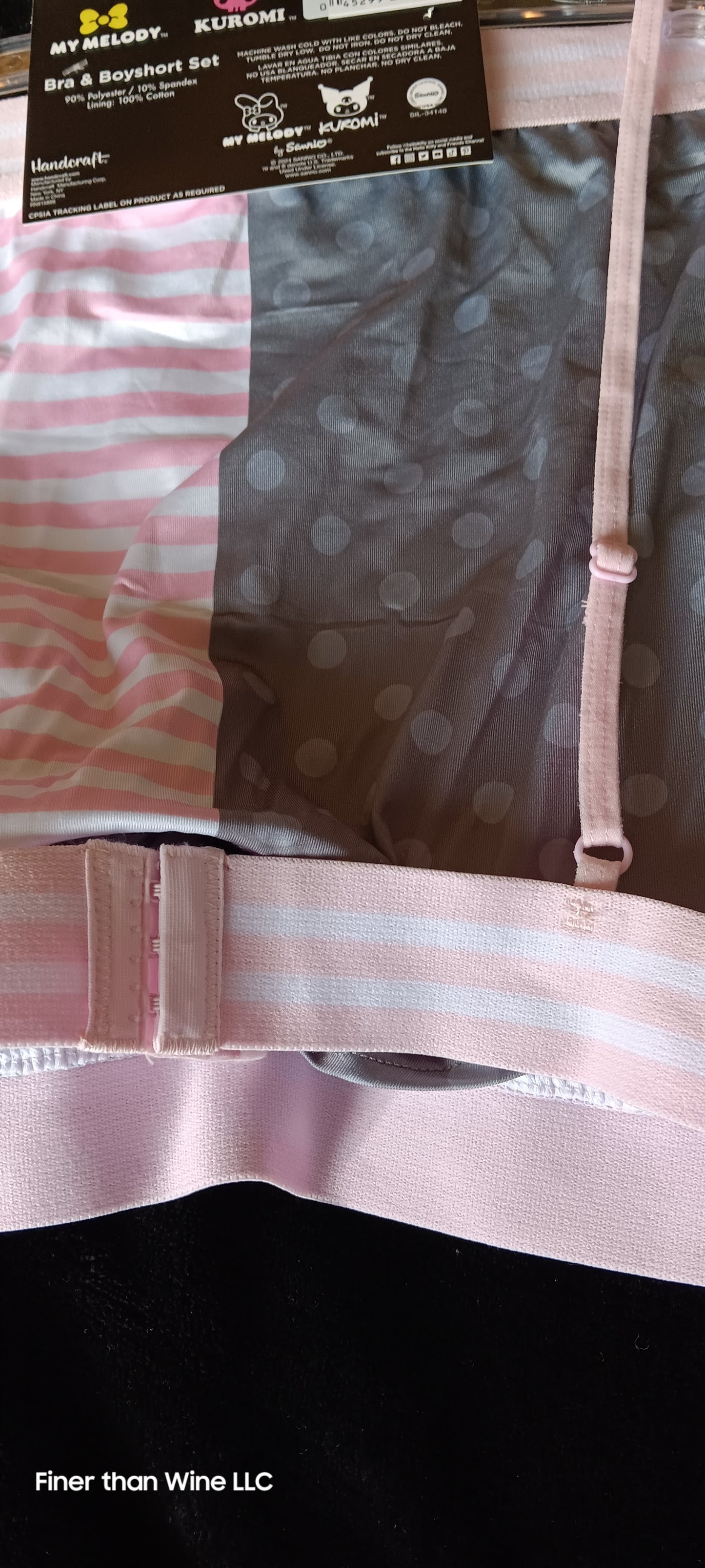 My Melody and Kuromi pink and gray bra with matching boy shorts set