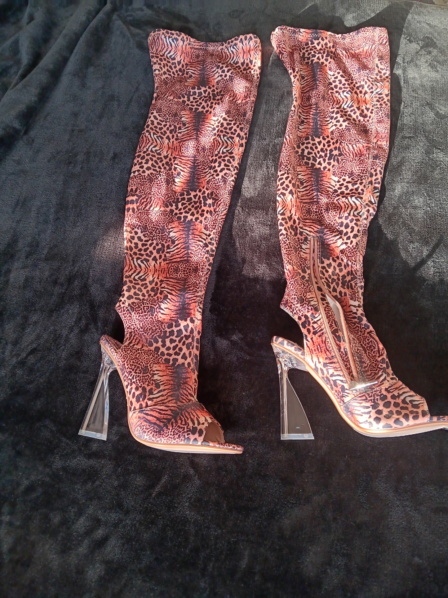 Cape Robbin knee high animal print open toe boots
