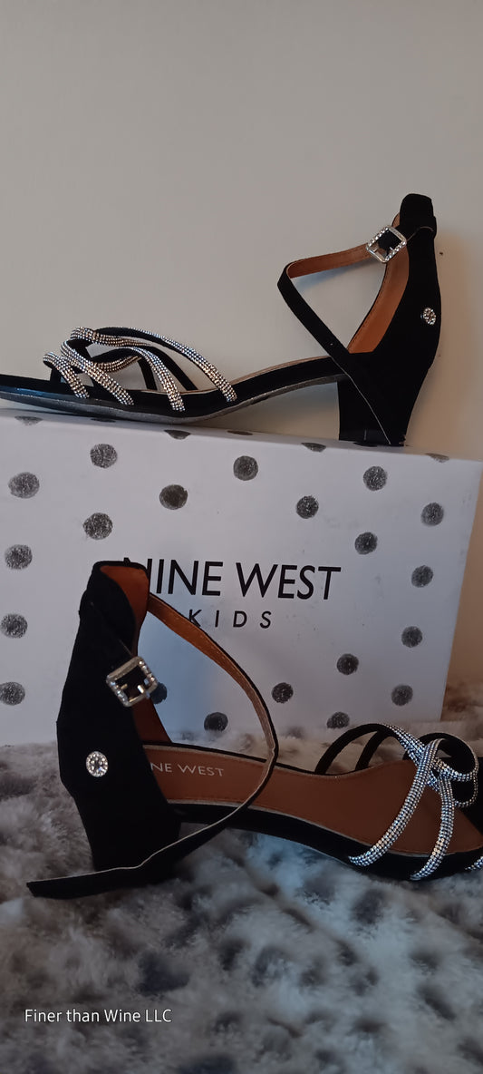 Nine West Kids black suede silver rhinestone-studded heel sandals