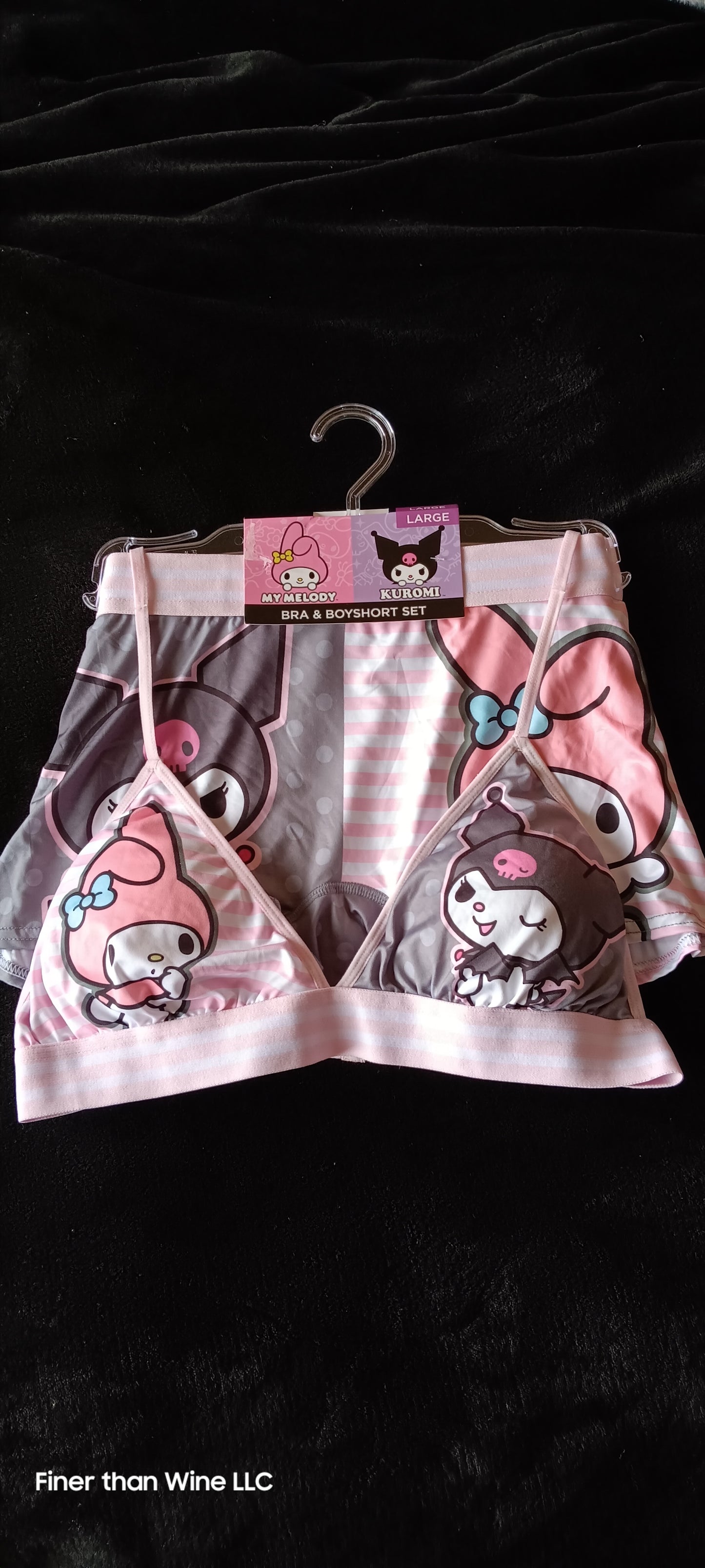 My Melody and Kuromi pink and gray bra with matching boy shorts set