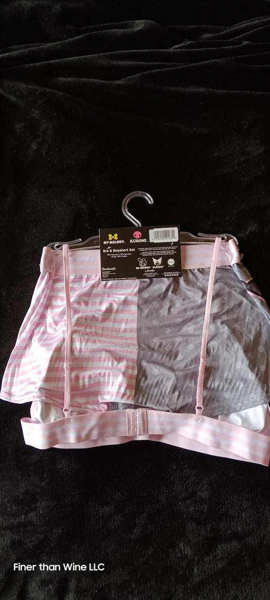 My Melody and Kuromi pink and gray bra with matching boy shorts set